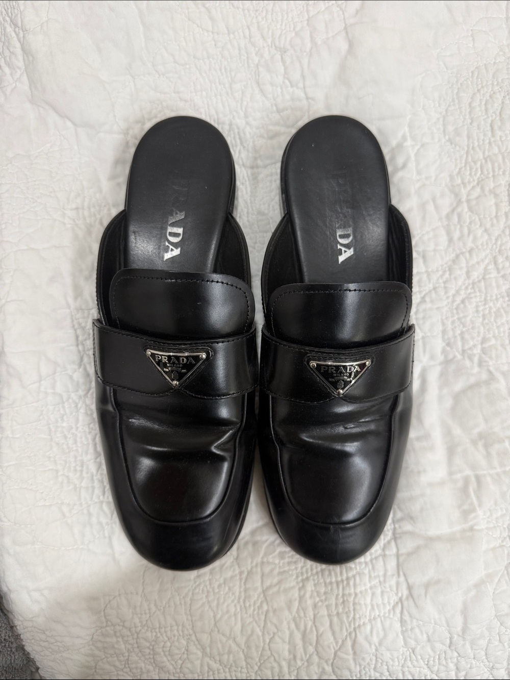 Prada Black Leather Slip-On Mule Loafers with Triangle Logo - Picture 3 of 3